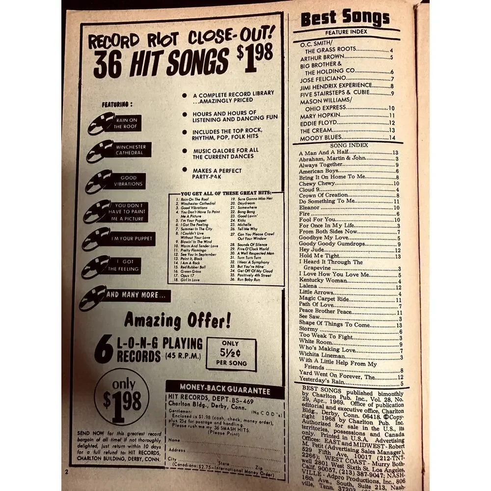 Best Songs Magazine - April-June-August 1969 - Jimi Hendrix-The Beatles Set of 3